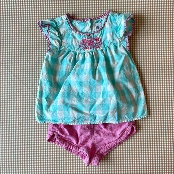 GAP embroidered gingham top w/ pink linen blend shorts set - Picture 1 of 8